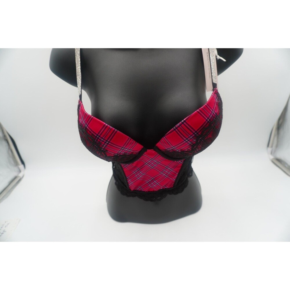 Victoria's Secret Very Sexy Corset Red Plaid Black Lace Push-Up Lingerie Bra 32C